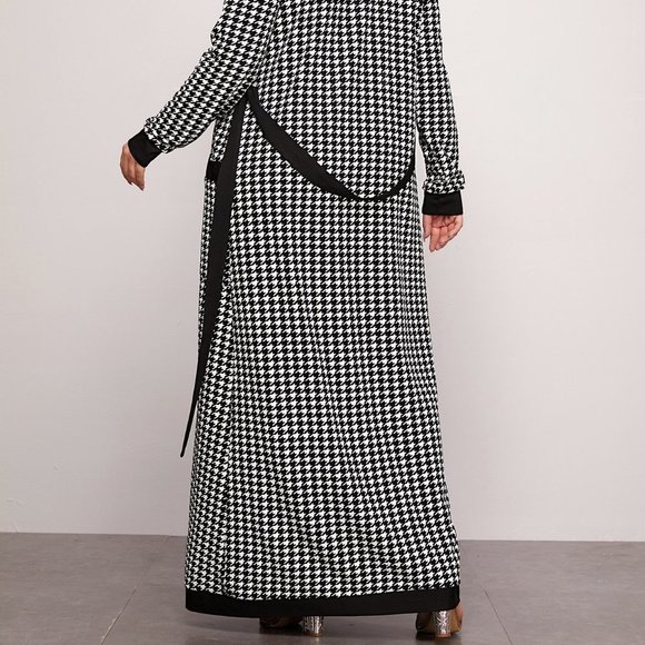 Black Casual Womens Patch Pocket Belted Houndstooth Coat & Leggings Set - Picture 2 of 5